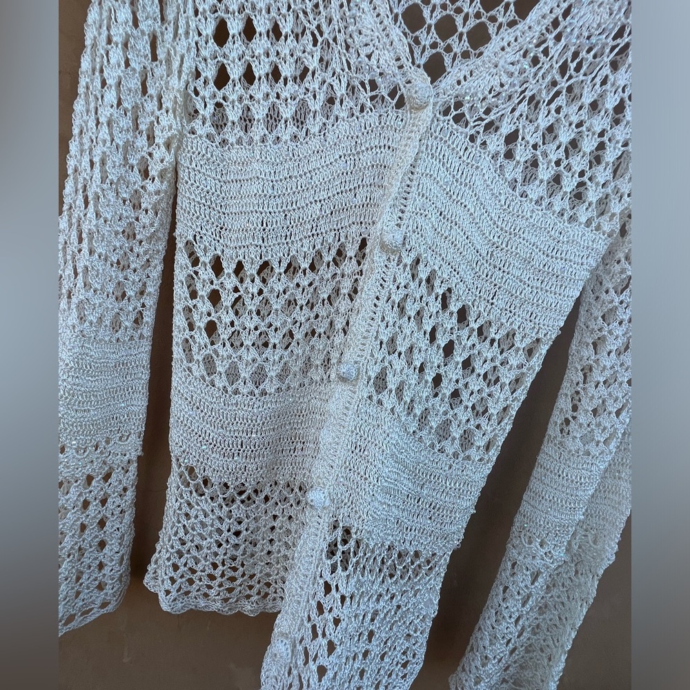 Crochet Cream Cardigan feminine top Small Med - Picture 3 of 11